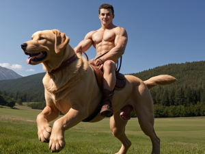 Chico musculoso totalmente desnudo mostrando su palo erecto (((montando un gran perro labrador))), con montura y riendas