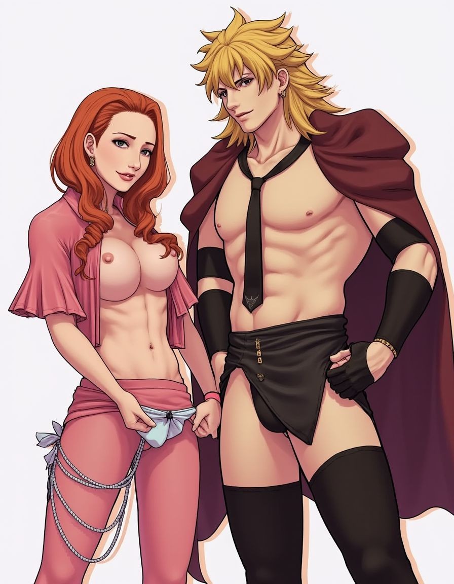 Ilustración de estilo anime con una pareja posando de forma sensual sobre fondo claro: una mujer pelirroja de pelo ondulado lleva una prenda rosa abierta que deja los pechos desnudos y los pezones visibles, junto a una falda o pantalón rosa muy bajo con cadenas plateadas y una braguita o tela blanca parcialmente descubierta. A su lado, un hombre rubio musculoso aparece con el torso desnudo, abdominales marcados, una corbata negra, capa granate, guantes largos y botas o medias negras hasta los muslos, además de un taparrabos negro ajustado con botones dorados. Ambos tienen una expresión segura y coqueta, con estética fantástica, erótica y de personajes de videojuego o manga.