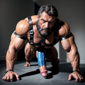 Hombre moreno con barba de 53 años musculoso , con mirada morbosa,con arnés BDSM y cockring en el pene enorme erecto, a cuatro patas  follado por el gran pollón  de un hombre atractivo y musculoso .Imagen Realista , cuerpos sudorosos
