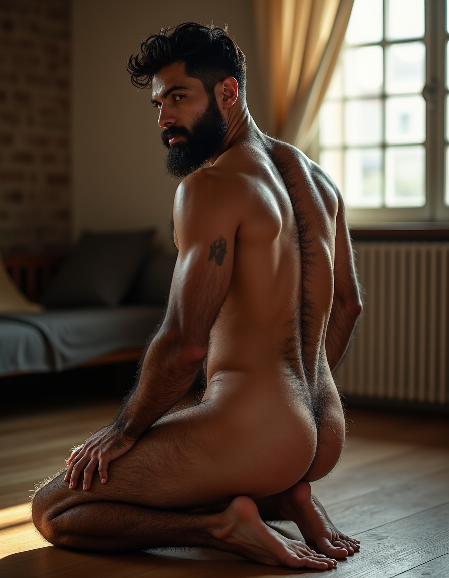 Bruno hombre. Bruno hombre es español de 32 años, cuerpo atlético musculoso pero delgado, abdominales marcados, torso completamente cubierto de vello oscuro denso, pecho peludo, brazos velludos, piernas con vello abundante, barba espesa negra perfectamente recortada, pelo negro ondulado corto despeinado, piel bronceada mediterránea, completamente desnudo, polla grande gruesa erecta con prepucio retractado, testículos grandes colgando, venas visibles en la polla, pubis muy peludo natural, muslos musculosos separados, de rodillas en suelo de madera, espalda arqueada ofreciendo el culo respingón hacia la cámara, mirando por encima del hombro con expresión lasciva y masculina, luz natural cálida de ventana, dormitorio masculino de fondo desenfocado, sombras marcadas resaltando músculos y curvas del cuerpo, fotografía hiperrealista 8K, estilo retrato íntimo.