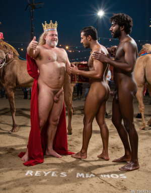Los Reyes Magos:
Melchor es un hombre de 60 años, tiene una larga cabellera, tiene barba blanca, es de Europa. Está totalmente desnudo pero lleva corona de rey 👑, en sus manos lleva un cofre con oro. Tiene un cuerpo con músculos marcados y definidos. Tiene un pene erecto de 36 cm de longitud y 7 cm de diámetro. Tiene mucho vello corporal blanco. 💪🏼. 

Gaspar es un hombre de 30 años con rasgos asiáticos y una barba rubia, está totalmente desnudo pero lleva una corona de rey 👑, tiene un cuerpo atlético y vigoroso, tiene mucho vello corporal rubio, tiene una bandeja con incienso en sus manos.
Baltasar es un hombre de 45 años de edad proviene de África, tiene piel oscura, es moreno, lleva un tarro de mirra. Tiene cuerpo atlético con músculos muy marcados, tiene mucho vello negro rizado por todo el cuerpo, su cabello es abundante rizado y negro, tiene una barba negra abundante, tiene un enorme pene erecto de 40 cm de longitud y 9 cm de diámetro. 👑🐫🌿 💪🏼.
En el fondo hay tres camellos y la estrella de Oriente, y muchas pequeñas estrellas de colores. En la arena del suelo está escrito: “Reyes Magos” en español. Tienen la bocas abiertas suspirando placer sexual. Están tocándose el culo entre ellos. Se miran a los ojos lujuriosamente mientras sus penes están erectos y eyaculando semen líquido blanco que sale por la punta del glande de sus penes erectos.