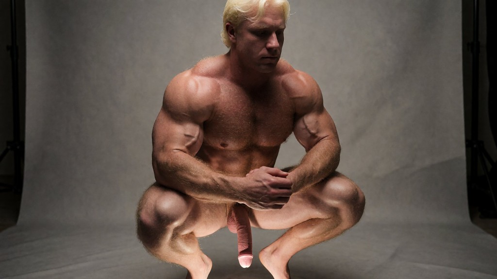 Hombre musculoso y desnudo en cuclillas sobre un suelo de estudio, con el cuerpo muy definido, hombros anchos, brazos voluminosos y piernas flexionadas que resaltan la musculatura. Tiene el pelo corto rubio platino, la mirada seria dirigida hacia abajo y las manos juntas delante del abdomen, en una postura compacta y tensa. El pene cuelga visible entre las piernas, sin ropa ni accesorios, mientras la iluminación lateral crea sombras marcadas sobre el torso, los muslos y los brazos. El fondo gris neutro, tipo fotografía de estudio o retrato artístico, aporta un ambiente sobrio y minimalista centrado en el físico, la anatomía masculina y la pose corporal.