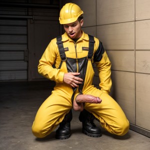 Un obrero con mono de trabajo totalmente abierto color mostaza deja ver su cuerpo definido y su pene en erección, botas de trabajo negras . En el suelo de rodillas  otro hombre lame con la lengua una de sus botas