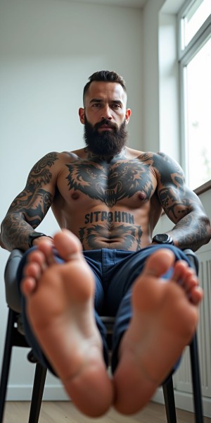 A hyper-realistic photograph of a heavily tattooed muscular male from a low angle perspective, showing his bare feet prominently in the foreground. The man is sitting on a modern chair in a minimalist white room with natural lighting. His torso is covered in detailed tattoos including lions, text, and geometric patterns across chest, arms and shoulders. He has a dark beard and athletic build. The camera angle captures his powerful bare feet with visible soles in sharp focus in the bottom of frame, with his intimidating tattooed torso rising behind. Confident, dominant posture. Professional photography, shallow depth of field, natural window lighting, 24mm lens, f/2.8.