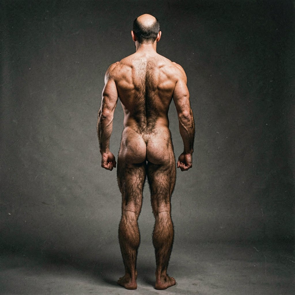 Mike Morris, a 32-year-old extremely lean Caucasian male at only 8% body fat, stands completely naked in a strict military attention pose seen from directly behind in a full posterior view. His back is perfectly straight, shoulders pulled back, arms rigid at his sides with fists clenched, legs straight and together, head held high. The shot captures him from the heels of his feet all the way up to the top of his bald head. His advanced Norwood III-IV baldness is clearly visible from behind, with a smooth tanned scalp on the crown and short dense dark brown hair only on the sides and lower back of the head. His back is highly defined and vascular: wide lats tapering dramatically to a very narrow, tight waist, thick trapezius muscles, and dense dark brown body hair lightly covering the shoulders and becoming much thicker and denser across the lower back and lumbar area, especially between the lats. His ass is tight, muscular and round with almost no fat, the glutes clearly separated. Thick dark hair continues down onto his powerful diamond-shaped calves and the backs of his slightly hairy feet. Dramatic directional studio lighting from above and slightly to the side creates strong highlights on his dry, shredded skin and deep shadows that accentuate every muscle fiber, the texture of his dense back hair, and the extreme vascularity and definition of his 8% body fat physique. Photorealistic, high-contrast, masculine 1970s Colt Studio aesthetic, grainy film texture, commanding and powerful presence.