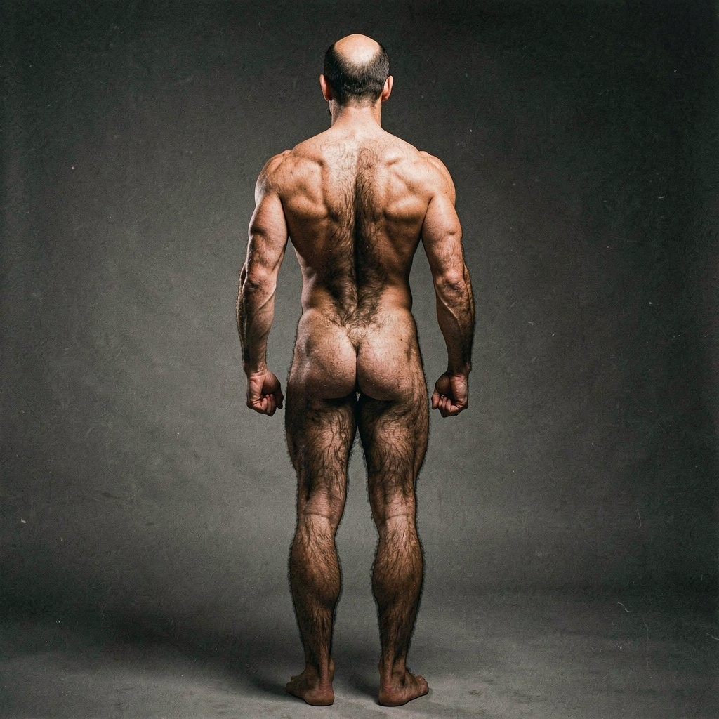 Mike Morris, a 32-year-old extremely lean Caucasian male at only 8% body fat, stands completely naked in a strict military attention pose seen from directly behind in a full posterior view. His back is perfectly straight, shoulders pulled back, arms rigid at his sides with fists clenched, legs straight and together, head held high. The shot captures him from the heels of his feet all the way up to the top of his bald head. His advanced Norwood III-IV baldness is clearly visible from behind, with a smooth tanned scalp on the crown and short dense dark brown hair only on the sides and lower back of the head. His back is highly defined and vascular: wide lats tapering dramatically to a very narrow, tight waist, thick trapezius muscles, and dense dark brown body hair lightly covering the shoulders and becoming much thicker and denser across the lower back and lumbar area, especially between the lats. His ass is tight, muscular and round with almost no fat, the glutes clearly separated. Thick dark hair continues down onto his powerful diamond-shaped calves and the backs of his slightly hairy feet. Dramatic directional studio lighting from above and slightly to the side creates strong highlights on his dry, shredded skin and deep shadows that accentuate every muscle fiber, the texture of his dense back hair, and the extreme vascularity and definition of his 8% body fat physique. Photorealistic, high-contrast, masculine 1970s Colt Studio aesthetic, grainy film texture, commanding and powerful presence.