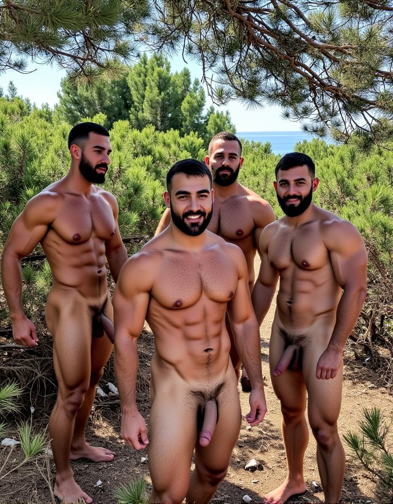 (((Varios))) hombres maduros, con barbas cortas y bien definidas, y cuerpos extremadamente musculosos, deambulan con total confianza y libertad por la zona nudista no oficial del aparcamiento de coches de la cala del Racó del Conil en Alicante, completamente desnudos y sin inhibiciones. El entorno natural, con pino carrasco y densos matorrales de lentisco, proporciona un escenario íntimo y excitante para sus actividades, rodeados de una vegetación algo seca pero llena de vida.

El ambiente es de completa libertad y abandono, donde las inhibiciones se dejan de lado y el placer y la satisfacción son los únicos objetivos. Cada detalle es importante en esta escena hiperrrealista, desde la textura de la piel y el vello corporal hasta la expresión de éxtasis en los rostros de los hombres mientras alcanzan el orgasmo, celebrando la sexualidad. Al fondo, entre los pinos se divisa el mar Mediterraneo
