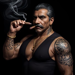 Hombre latino maduro, moreno, estilo narco, con bigote, fumando puro, mostrando verga gigante, ropa ajustada, joyas de oro, tatuajes, mirada intensa, fondo oscuro y humoso, atmósfera peligrosa y sensual.