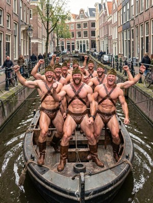 Un grupo numeroso de hombres muy musculados posa sobre una barcaza estrecha que avanza por un canal urbano, vestidos con atuendos de estilo bárbaro o vikingo: taparrabos de cuero marrón, correas cruzadas sobre el torso desnudo, botas altas y brazaletes. Varios levantan los puños y gritan con expresión eufórica, creando una escena teatral, festiva y provocadora, con abdominales, pectorales y brazos muy marcados como protagonistas visuales. Alrededor aparecen casas altas de ladrillo, bicicletas aparcadas, puentes bajos y peatones junto al agua, evocando claramente un canal de Ámsterdam y un ambiente de desfile o performance callejera.