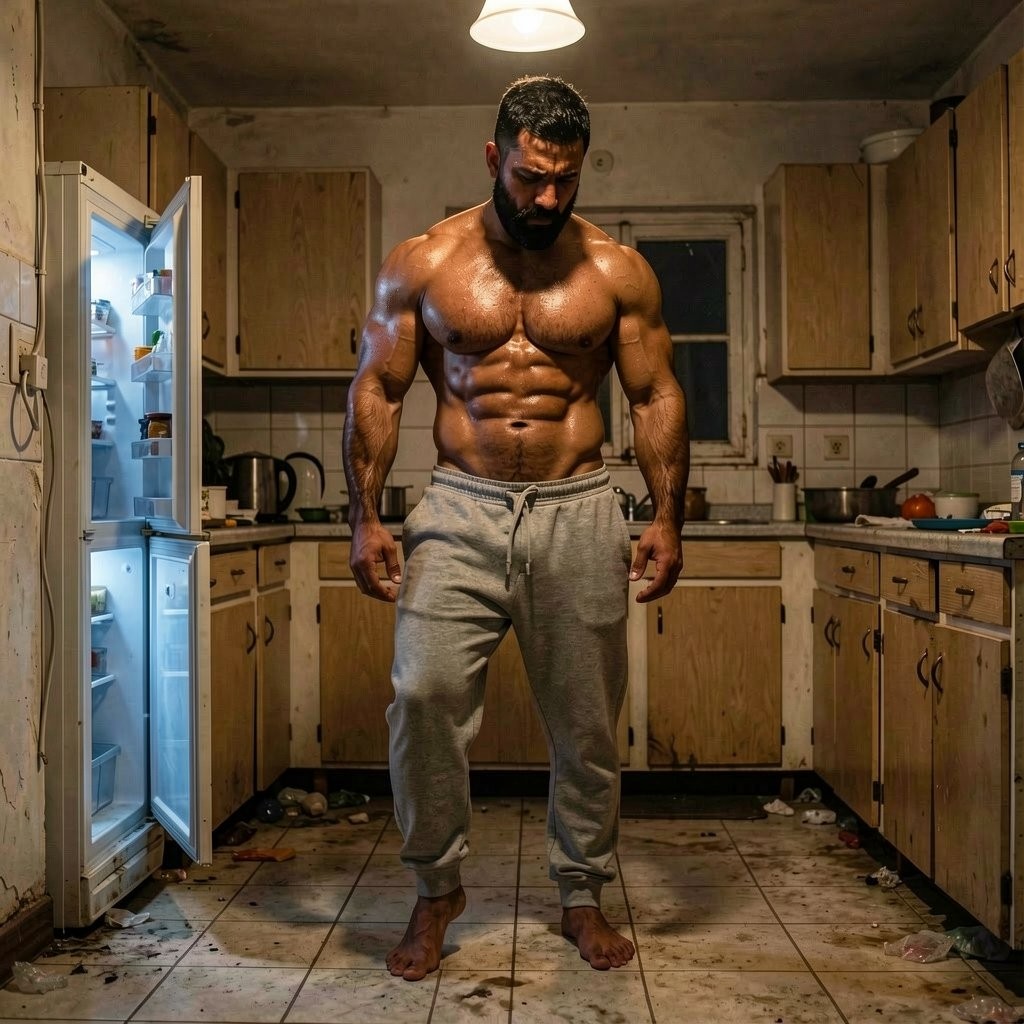 Un hombre muy musculoso y sin camiseta permanece de pie en una cocina deteriorada, con la cabeza inclinada hacia abajo y una expresión seria, destacando el torso brillante por el sudor, los abdominales marcados, los pectorales definidos y los brazos voluminosos. Lleva pantalones de chándal grises con cordón y está descalzo sobre un suelo de baldosas sucio, con restos y manchas dispersas. A la izquierda hay una nevera abierta iluminada por dentro, mientras alrededor se ven armarios de madera desgastados, encimeras desordenadas, fregadero, utensilios y una luz de techo cálida que refuerza el ambiente crudo, íntimo y descuidado de la escena.