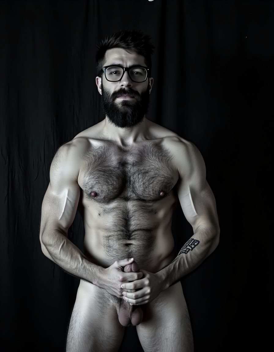 Fotografía hiperrealista en blanco y negro de un hombre adulto musculoso a la vista desde los pies hasta la cabeza, tiene cuerpo muy delgado con músculos marcados y definidos, rostro masculino, está totalmente desnudo con polla erecta de treinta centímetros de longitud y ocho centímetros de diámetro, tiene rasgos marcados duros expresivos, barba densa poblada tupida oscura estilo hipster cubriendo completamente mandíbula mentón mejillas con grosor uniforme textura abundante muy definida, bigote denso tupido oscuro conectado perfectamente con la barba completa cubriendo completamente el labio superior, pelo oscuro medio peinado completamente recto hacia arriba con volumen considerable estilo hipster moderno quiff puntas verticales texturizadas hacia el cielo con altura prominente, cejas gruesas oscuras pobladas muy marcadas definidas, gafas de montura completa negra cuadradas grandes estilo hipster moderno sobre el puente de la nariz enmarcando unos ojos oscuros intensos que miran directamente a cámara con expresión seria penetrante confiada, expresión facial seria masculina sin sonrisa con mirada directa desafiante, pómulos marcados definidos angulares, nariz recta proporcionada, labios medios apenas visibles completamente cubiertos por bigote denso que conecta con la barba hipster completa, torso desnudo muy musculoso con pectorales enormes desarrollados y definidos, hombros anchos musculosos deltoide prominentes, brazos musculosos marcados y bien definidos con bíceps y tríceps marcados visibles a ambos lados del cuerpo, abdomen tonificado marcado visible con cintura delgada marcada, piel con textura realista detallada poros imperfecciones sutiles, vello corporal denso oscuro abundante cubriendo pectorales abdomen brazos hombros con textura natural masculina muy visible. Tiene un  tatuaje en tinta negra en el bíceps del brazo derecho en tipografía negra sans-serif de tamaño mediano y proporcionado de forma clara y legible sobre la piel del bíceps del brazo derecho con las siguientes letras: hipsterbarba. Iluminación dramática lateral direccional que crea contraste alto marcado entre luces brillantes y sombras profundas resaltando la estructura facial angular la barba hipster densa las gafas cuadradas grandes el vello corporal abundante la musculatura del torso los brazos.  Tiene un  tatuaje en tinta negra en el bíceps del brazo derecho en tipografía negra sans-serif de tamaño mediano y proporcionado de forma clara y legible sobre la piel del bíceps del brazo derecho con las siguientes letras: hipsterbarba. Fondo completamente oscuro negro liso uniforme desenfocado sin distracciones, fotografía analógica en color de alto contraste con grano fotográfico sutil visible estilo retrato hipster masculino fitness, enfoque nítido absoluto perfecto en el rostro especialmente en los ojos detrás de las gafas la barba hipster densa el bigote tupido el pelo vertical el vello corporal el torso con músculos muy marcados y muy definidos. Tiene un  tatuaje en tinta negra en el bíceps del brazo derecho en tipografía negra sans-serif de tamaño mediano y proporcionado de forma clara y legible sobre la piel del bíceps del brazo derecho con las siguientes letras: hipsterbarba. Imagen con encuadre vertical desde los pies hasta la cabeza mostrando los pies desnudos las piernas peludas el pene erecto los testículos colgando con su escroto bajo todo el torso peludo los brazos musculosos peludos y la cabeza con pelo oscuro medio peinado completamente recto hacia arriba con volumen considerable estilo hipster moderno quiff puntas verticales texturizadas hacia el cielo con altura prominente, calidad fotográfica hiperrealista 8K máxima definición detalle extremo, renderizado cinematográfico fotorrealista profesional. Tiene un  tatuaje de tinta negra en el bíceps del brazo derecho en tipografía negra sans-serif de tamaño mediano de forma clara y legible sobre la piel del bíceps del brazo derecho con las siguientes letras: hipsterbarba