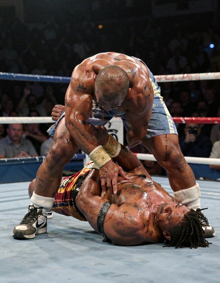 Dos boxeadores semi desnudos, muy musculosos, están luchando sobre el ring en el suelo, su piel  brilla por el sudor, destacan sus hombros, brazos y pectorales manchados de aceite, uno  de los rivales ha conseguido someter al otro, que yace KO, noqueado en el suelo 