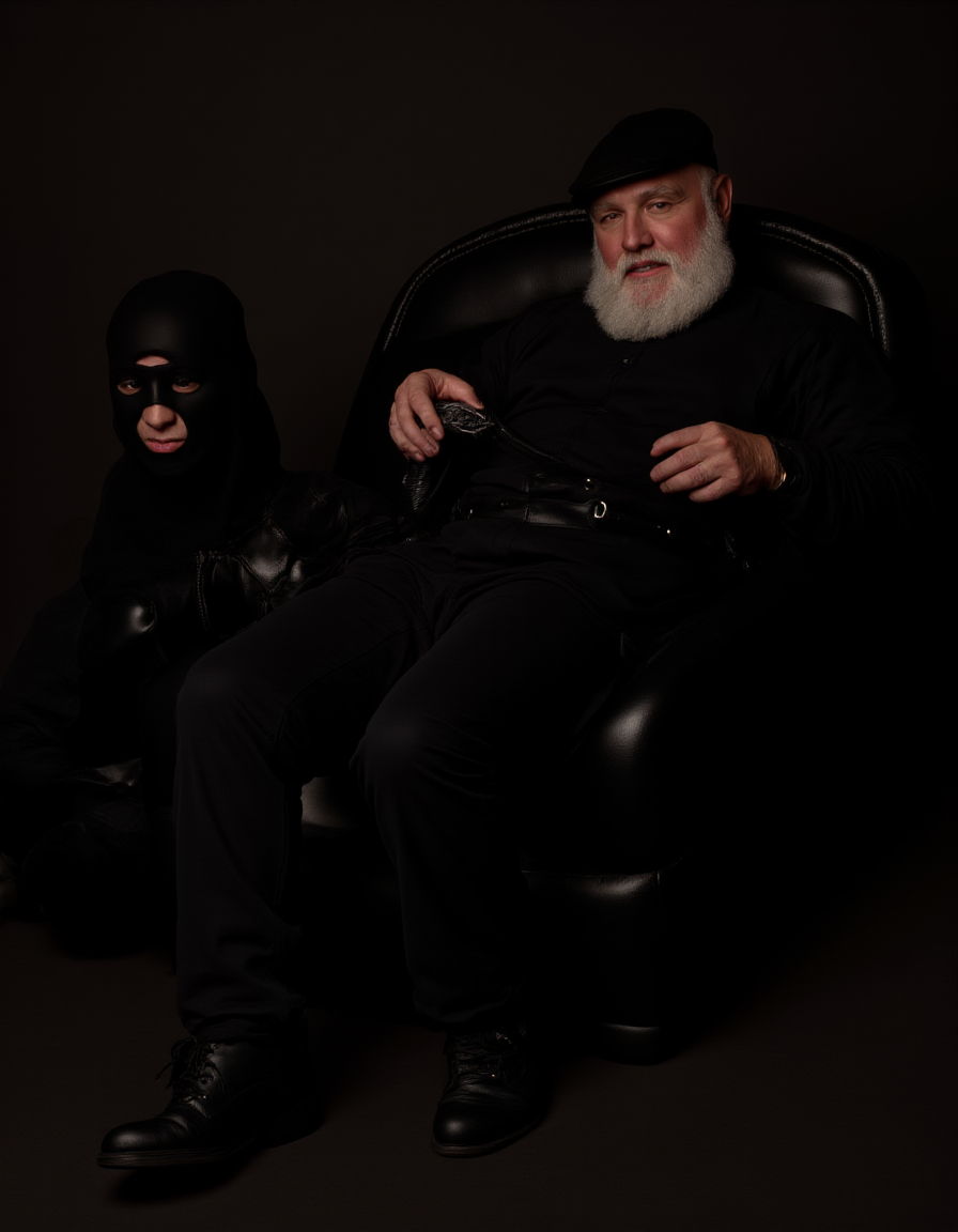 Un hombre mayor con barba blanca y gorra negra aparece sentado con actitud dominante en un sillón de cuero negro, vestido completamente de negro con jersey, pantalón, cinturón y botas, mientras sujeta una cadena o correa metálica con una mano. A su lado, en una posición baja y sumisa sobre el suelo, hay una persona enfundada en ropa negra brillante de cuero o látex, con pasamontañas ajustado que deja visibles los ojos y la boca. La escena tiene una iluminación tenue y dramática, fondo oscuro y estética fetichista, con un ambiente de poder, control, BDSM y retrato teatral de alto contraste.