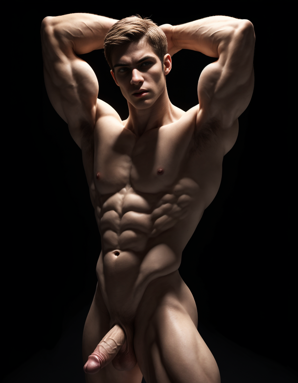 Un hombre joven musculoso de 25 años, de rostro bello, simétrico y armónico, caucásico posa dramáticamente totalmente desnudo y enseñando su bello pene en un fondo negro. Tiene una complexión atlética y un cuerpo definido, con abdominales marcados, brazos fuertes y venas visibles. Su piel es clara y su expresión facial es seria y concentrada. Está en una pose artística que recuerda a una escultura clásica o a un bailarín contemporáneo, con ambos brazos elevados y las manos adoptando una forma expresiva y elegante. La iluminación lateral resalta la definición muscular y genera sombras profundas que acentúan su figura. El fondo es completamente oscuro, lo que centra toda la atención en su cuerpo y postura.