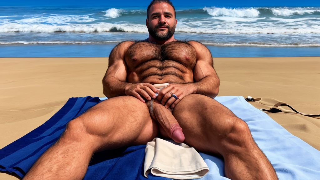 Fotografía panorámica 16:9 en ultra alta definición para imágenes 4K: hombre de 35 años de edad está acostado sobre una toalla en la playa, es delgado, músculos muy definidos y fibrosos delgado, totalmente desnudo con mucho vello por todo el cuerpo, se ven sus testículos hermosos y con mucho vello, cuerpo sudoroso y bronceado. Tiene un hermoso pene que está erecto y es acariciado vigorosamente con la mano derecha.