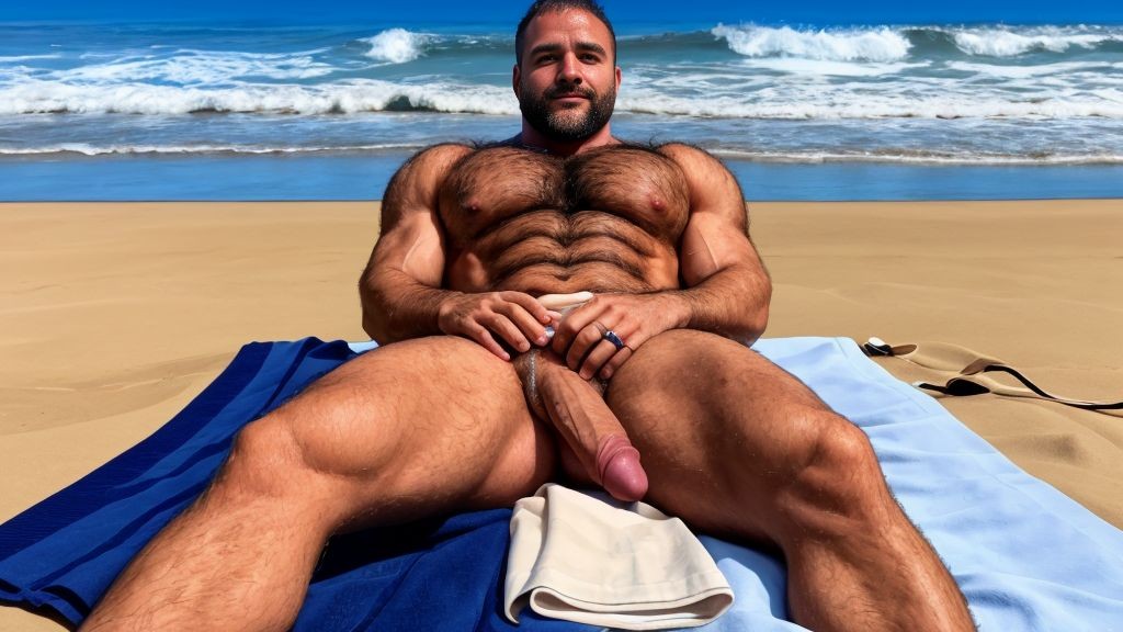 Fotografía panorámica 16:9 en ultra alta definición para imágenes 4K: hombre de 35 años de edad está acostado sobre una toalla en la playa, es delgado, músculos muy definidos y fibrosos delgado, totalmente desnudo con mucho vello por todo el cuerpo, se ven sus testículos hermosos y con mucho vello, cuerpo sudoroso y bronceado. Tiene un hermoso pene que está erecto y es acariciado vigorosamente con la mano derecha.
