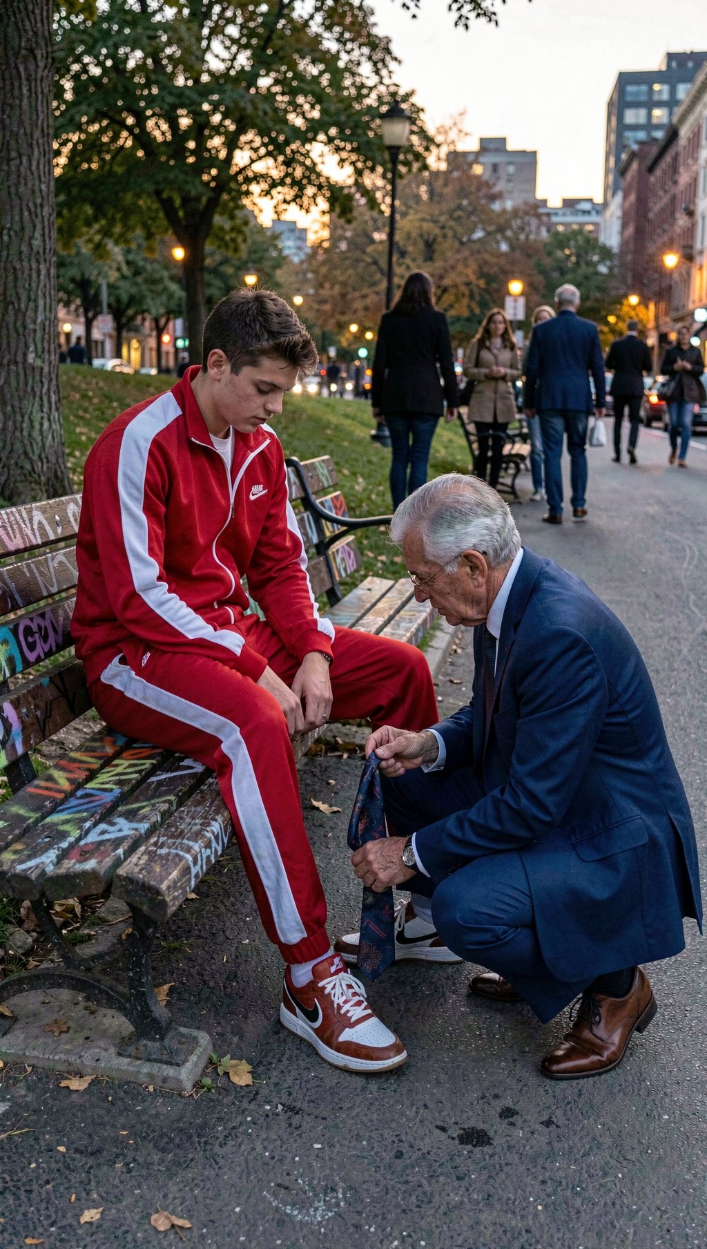 Un joven con chándal rojo de rayas blancas y zapatillas deportivas está sentado en un banco cubierto de grafitis en un parque urbano al atardecer, mirando hacia abajo con gesto serio mientras un hombre mayor con traje azul, camisa clara y zapatos marrones se arrodilla frente a él para ajustarle o atarle la zapatilla. La escena combina un ambiente cotidiano y algo íntimo con el bullicio de la ciudad al fondo: árboles, farolas encendidas, hojas en el suelo, peatones caminando por la acera y edificios altos entre la luz cálida del final del día. El contraste entre la ropa deportiva del chico y la vestimenta elegante del hombre refuerza una sensación de ayuda, cuidado y tensión silenciosa en plena calle.