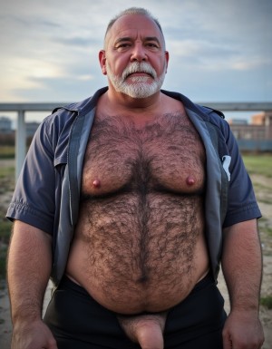 La escena es un Guardia Civil español de 65 años. Es grande, gordo y muy peludo. Lleva el uniforme de guardia civil puesto pero con la camisa abierta y la polla fuera. Se le nota en la cara que es una persona mayor y no tiene barba. Es canoso. Se le marcan los pezones. Mira al frente serio e imponente. 