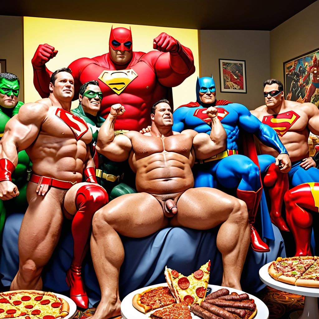 Orgy of a fat superhero in a bed full of burgers and pizza,  visible penis