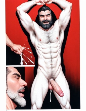 ((Dos hombres delgados de 40 años)) se pelean a puñetazos. Tienen barba. Son muy viriles, con mucho vello en pecho pectorales y vello en brazos y axilas y pubis. Tienen pene grande en erección y con esperma, saliendo eyaculando semen liquido blanco. Tiene mucho placer y feliz. Son delgados.
