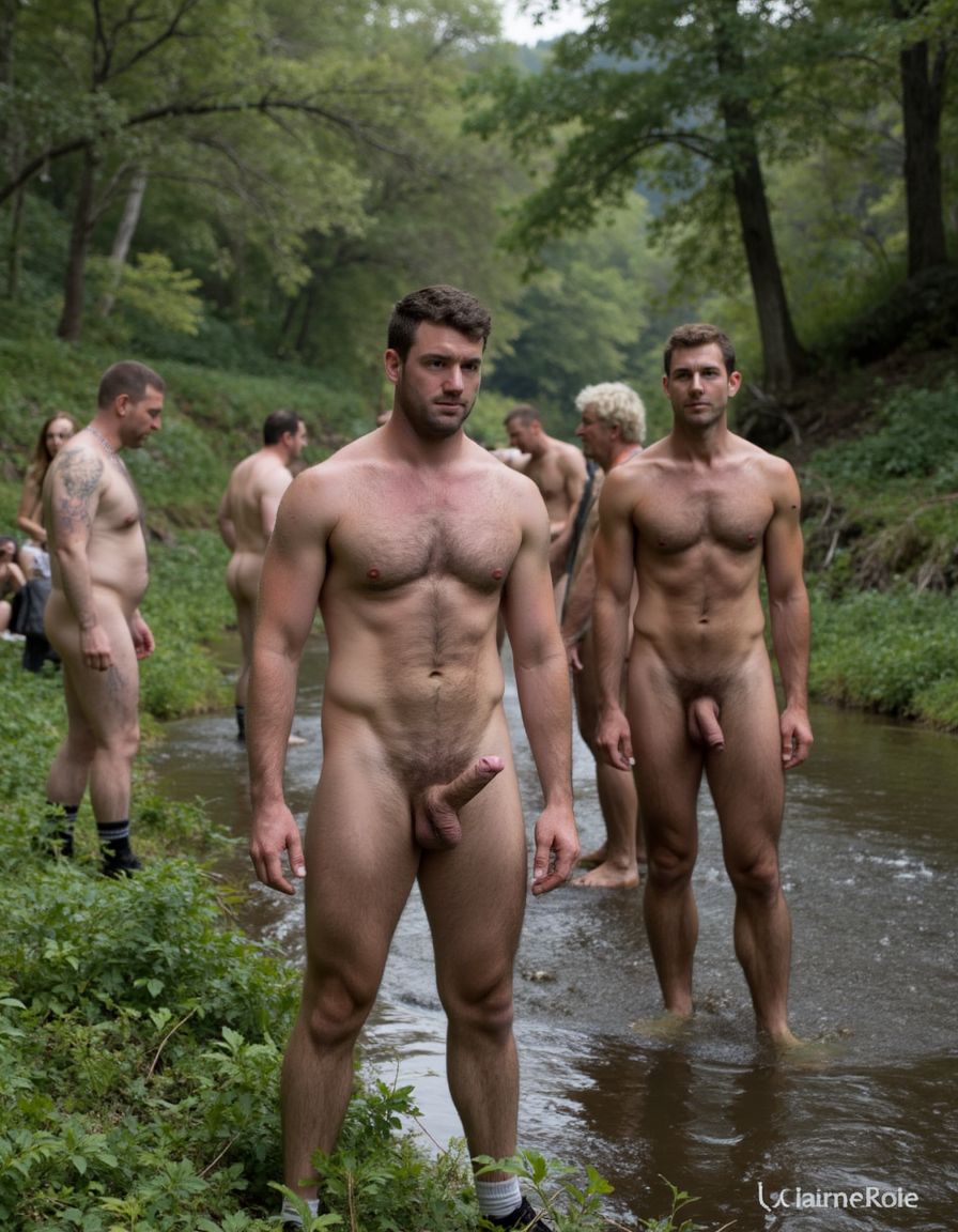 En un entorno natural, un riachuelo serpentea suavemente a través de un paisaje verde y exuberante, con árboles y maleza densa que bordean sus orillas. En este escenario, un hombre de complexión atlética se encuentra de pie, con su miembro viril erecto y prominente, destacándose contra el fondo de la vegetación. A su alrededor, varios hombres musculosos y bien dotados físicamente se encuentran en diferentes posturas, algunos de ellos con sus miembros también erectos, mientras que otros se encuentran en el acto de derramar leche, creando una escena de intensa sensualidad y erotismo.

El hombre central, con su polla dura y erguida, parece ser el foco de atención, con su cuerpo bien definido y su mirada intensa, como si estuviera disfrutando plenamente del momento. Los hombres que lo rodean comparten una característica común: su masculinidad y sensualidad son palpables, y su presencia en el escenario contribuye a crear una atmósfera cargada de deseo y pasión.

La escena está iluminada por una luz suave y cálida, que resalta los contornos de los cuerpos y realza la textura de la piel, creando un efecto hiperrealista que invita al espectador a sumergirse en la intensidad del momento. La maleza y los árboles que rodean el riachuelo parecen fusionarse con la escena, creando un fondo natural y orgánico que complementa la sensualidad y la eroticidad de los personajes, destacando la armonía entre la naturaleza y la pasión humana.