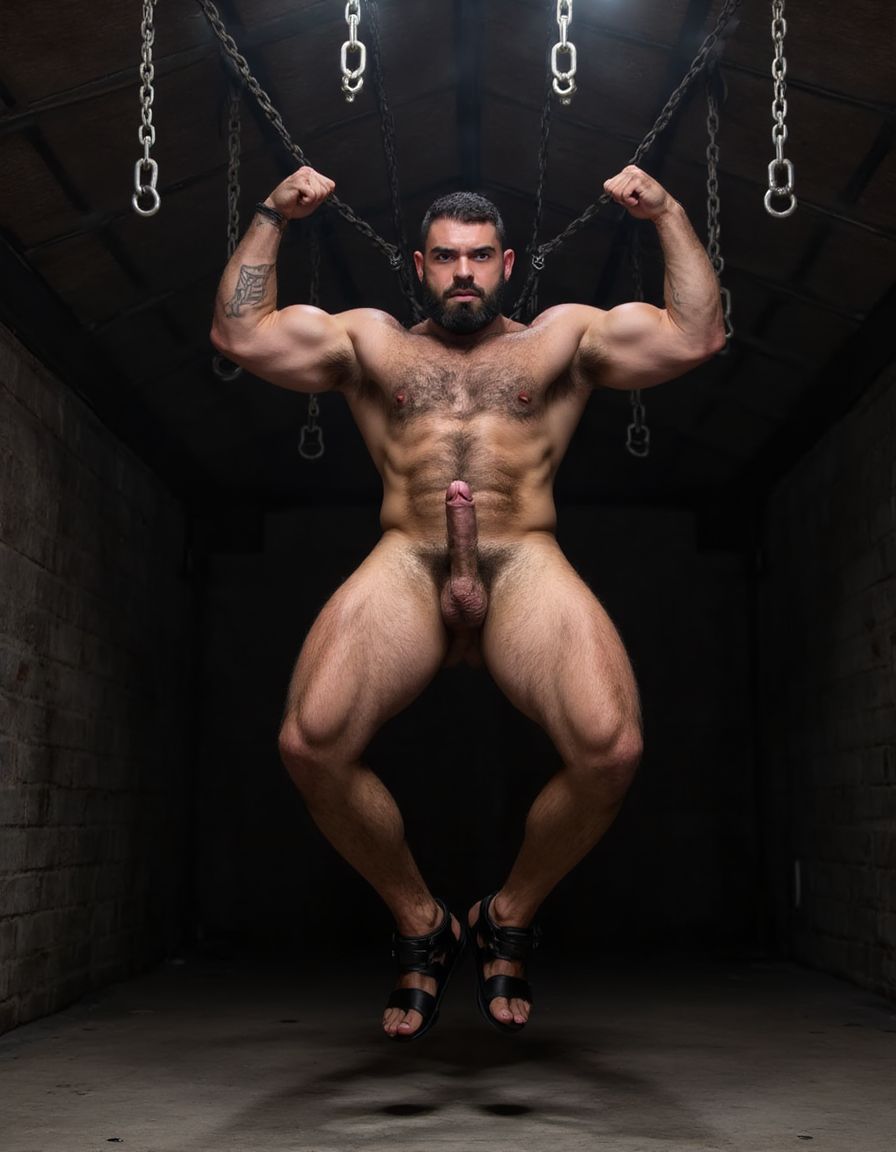 Austin Wolf, 40 años, 1.88m de altura, musculoso, cuerpo extremadamente marcado y definido, pectorales grandes y cuadrados, abdominales six-pack profundos, brazos gruesos y venosos, hombros anchos, trapecios marcados, piel blanca bronceada, pelo negro corto con rapado a los lados estilo fade, barba negra densa perfectamente recortada cubriendo mandíbula cuadrada, ojos marrones oscuros con mirada penetrante desafiante, rasgos faciales masculinos y angulosos, nariz recta, cejas gruesas, vello corporal negro medio en pecho bajando por abdomen, tatuajes en brazos y torso, manos atadas detrás de la espalda con cuerdas gruesas negras, collar de cuero negro con argolla de metal plateado al cuello, torso desnudo brillante de sudor con marcas de latigazos cruzando la espalda y hombros, expresión de sumisión forzada pero con actitud alfa contenida, mandíbula apretada, músculos tensos y flexionados, piernas musculosas muslos mostrando pene grande pronunciado, tiene pene de 20 cm de longitud y 8 cm de diámetro. Tiene sandalias negras en los pies. Iluminación dramática cenital tipo mazmorra BDSM, cadenas y ganchos colgando del techo de fondo, ambiente oscuro con tonos grises y negros, fotografía hiperrealista 8K. Tiene sandalias de color negro en sus pies del número 42. Sus pies están a la vista. Está contento de tener un cuerpo perfecto y lo quiere enseñar a todos flexionando sus brazos para enseñar sus músculos bíceps. Levanta sus brazos con fuerza. Ahora sonríe con gesto vicioso. Salta de alegría enseñando su pene 