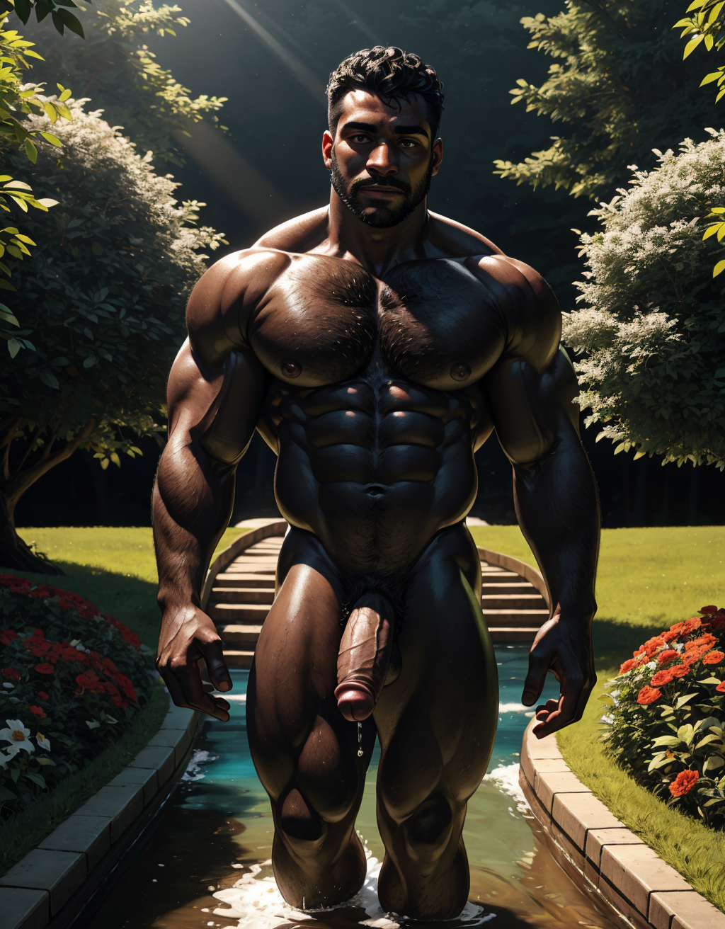 Hombre negro desnudo, musculoso, tiene pene negro, tiene testículos negros. Tiene sandalias negras. Tiene mucho vello negro. Tiene pezones grandes largos y puntiagudos: 1.9. Tiene pelo largo rizado negro. Está andando por un camino en el campo con flores negras. Sale líquido blanco por sus pezones