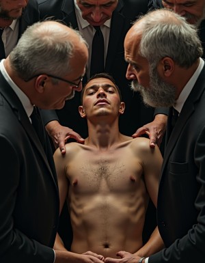 Un joven sin camiseta aparece recostado o inclinado hacia atrás, con el torso desnudo iluminado de forma dramática, mientras varios hombres mayores con traje oscuro y corbata lo rodean muy de cerca. Dos de ellos, con canas, gafas o barba, se inclinan hacia su rostro y su cuerpo con expresión seria y concentrada, mientras otras manos reposan sobre sus hombros y abdomen, creando una escena tensa, íntima y casi ritual. El contraste entre la piel expuesta, los trajes formales, las miradas graves y el fondo oscuro aporta una atmósfera de poder, examen físico, vulnerabilidad y control, con composición cinematográfica y luz dirigida sobre el pecho y la cara del joven.