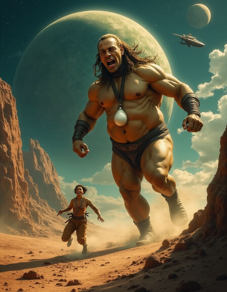 Un guerrero gigante y musculoso corre furioso por un paisaje desértico de ciencia ficción, con la boca abierta en un grito, el pelo largo al viento y el torso desnudo marcado por abdominales y brazos enormes. Lleva un taparrabos oscuro, brazaletes en las muñecas, vendas en las piernas y un gran colgante blanco sobre el pecho. Delante de él huye un hombre mucho más pequeño, levantando polvo entre rocas rojizas y cañones áridos. Al fondo domina un planeta enorme en el cielo, acompañado por lunas y una nave espacial flotando entre nubes, creando una escena épica de persecución, fantasía, aventura alienígena y tensión cinematográfica.
