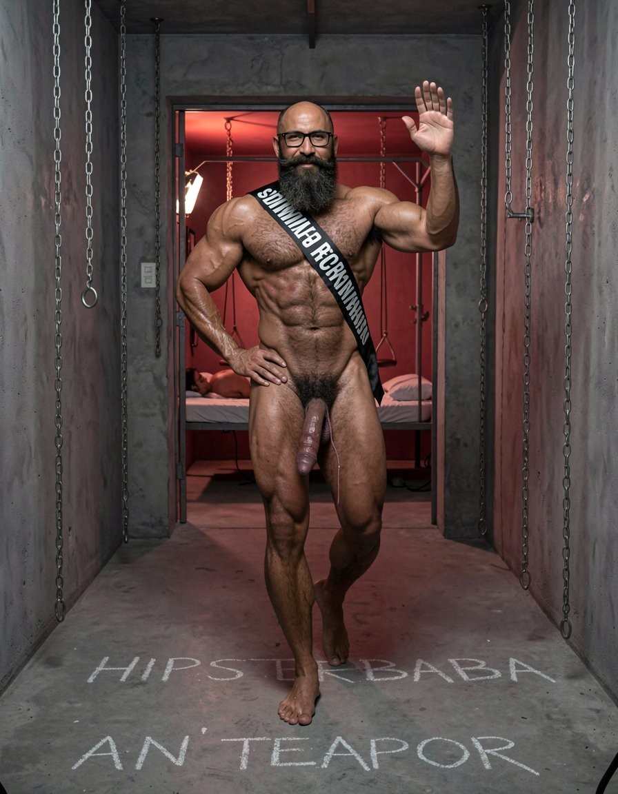 Hyperrealistic cinematic photograph inside a dark brutal dungeon corridor with rough concrete floor, hanging metal chains along the walls, dim red ambient lighting mixed with dramatic side spotlights creating hard contrasts, deep shadows and visible sweat on every muscle. Three men walking forward in a straight line toward the viewer, full body view, heading to an open doorway at the end of the corridor that reveals a red-lit room with visible bondage bed, whipping bench, hanging pulleys and a large metal cage in the corner.

Hipsterbarba walks dominant in the exact center, completely naked, 40 years old, 180cm 80kg 8% body fat, powerful muscle-bear physique covered in dense dark wet body hair on thick chest, shoulders, defined abs and heavy thighs. Very long thick Bandholz beard reaching almost to his chest, curled handlebar mustache, black glasses, hands on his waist at the start of the stride, powerful confident gait, thick heavy cock and low hanging balls swinging with each step, cold superior expression looking straight ahead.

To his right (left side of the image) walks Anil, 25 years old, extreme bodybuilder slave, completely naked, 175cm 80kg 6% body fat, massive 127cm pumped chest, perfect eight-pack, extremely wide V-taper back with fresh red whip marks, round high 90cm glutes and 70cm competition quads, completely smooth tanned skin from the neck down. Thick cock strangled at the base by a shiny metal cock ring making it purple and swollen, long strings of precum dripping from the tip with every step. Head slightly lowered in submission, arms still slightly pumped from previous flex, serious devoted expression, anus slightly open with a thin trail of semen and precum running down the inside of his left thigh.

To his left (right side of the image) walks Víctor, 25 years old, extreme bodybuilder, completely naked, 175cm 80kg 6% body fat, massive 127cm pumped chest, perfect eight-pack, wide V-taper, round high glutes and 70cm competition quads, completely smooth tanned skin. A thick black textile victory sash tightly crossed over his torso from right shoulder to left hip with large perfectly legible white capital letters in Spanish reading exactly “Esclavo de Gayon”. He walks with a slight happy smile, right hand raised in a cheerful wave, thick erect cock bouncing hard with each step, heavy balls swinging.

On the concrete floor beneath them, faint white chalk letters still visible from earlier: “HIPSTERBARBA” under the center man, “ANIL” under the man on the left side of the image, and “VÍCTOR” under the man on the right side of the image.

Raw atmosphere of total ownership and humiliation, perfect anatomy and proportions, realistic skin texture, sweat, muscle striations, visible precum trails and sharp text details. No distortions.