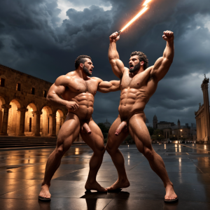 Harmodio y Aristogitón están desnudos. Tienen grandes testículos muy velludos. Luchan en la plaza medieval de Atenas. Se golpean con sus grandes penes. Son musculosos y están delgados y bronceados. Tienen mucho vello por todo el cuerpo. Aristogitón rechaza a Harmodio. ⛓️ ⛓️ 🔪 🔪  🤬 😡 👠👠 👡👡 🧑🏻‍🎤 👨🏻‍🎤 👨🏼‍🦱 🌞 ⛅️🌨️🌧️⛈️🌩️💧💦