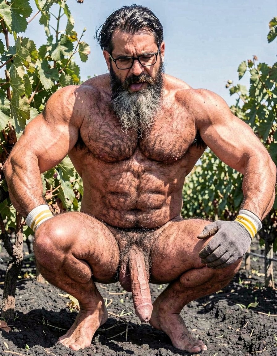 Hombre muy musculoso y desnudo agachado entre hileras de viñedos, con el torso velludo, abdominales marcados, brazos enormes y piel sudada bajo la luz directa del sol. Lleva gafas negras, barba larga canosa, pelo oscuro peinado hacia atrás, guantes de trabajo grises y muñequeras claras, mientras posa sobre tierra seca con hojas de parra y uvas alrededor. Su postura en cuclillas deja claramente visible el pene colgando entre las piernas, reforzando una escena cruda de desnudez masculina en un entorno agrícola, rural y soleado.