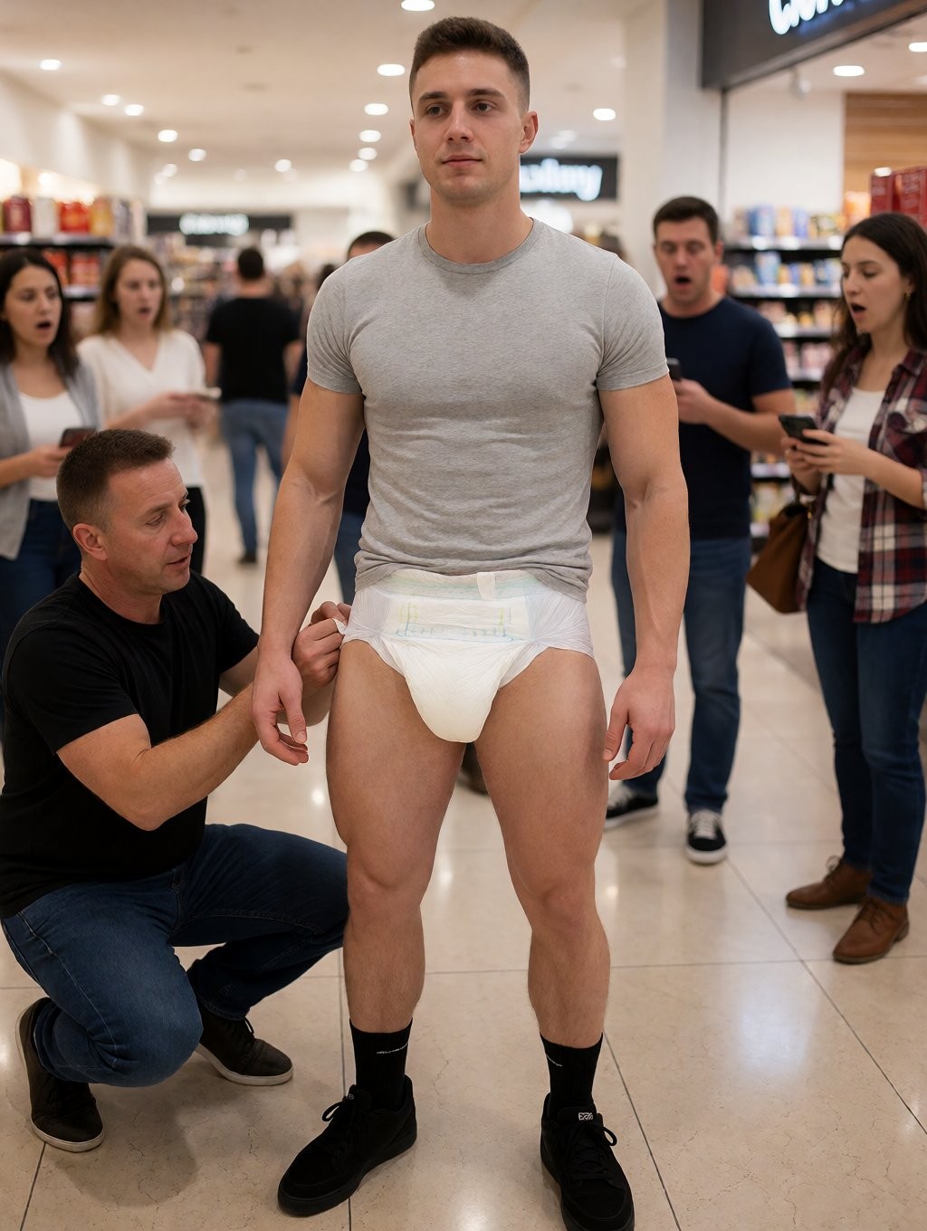 Un hombre joven permanece de pie en el pasillo iluminado de una tienda, con camiseta gris ajustada, calcetines negros, zapatillas negras y un pañal blanco visible que le cubre la entrepierna y las caderas, dejando al descubierto sus piernas. A su lado, otro hombre agachado parece ajustarle o revisar el pañal, mientras varias personas alrededor reaccionan con sorpresa, algunas con la boca abierta y otras mirando el móvil. El entorno parece un centro comercial o gran superficie, con estanterías al fondo, luces de techo y suelo brillante, creando una escena pública llamativa, incómoda y claramente centrada en la ropa interior absorbente.