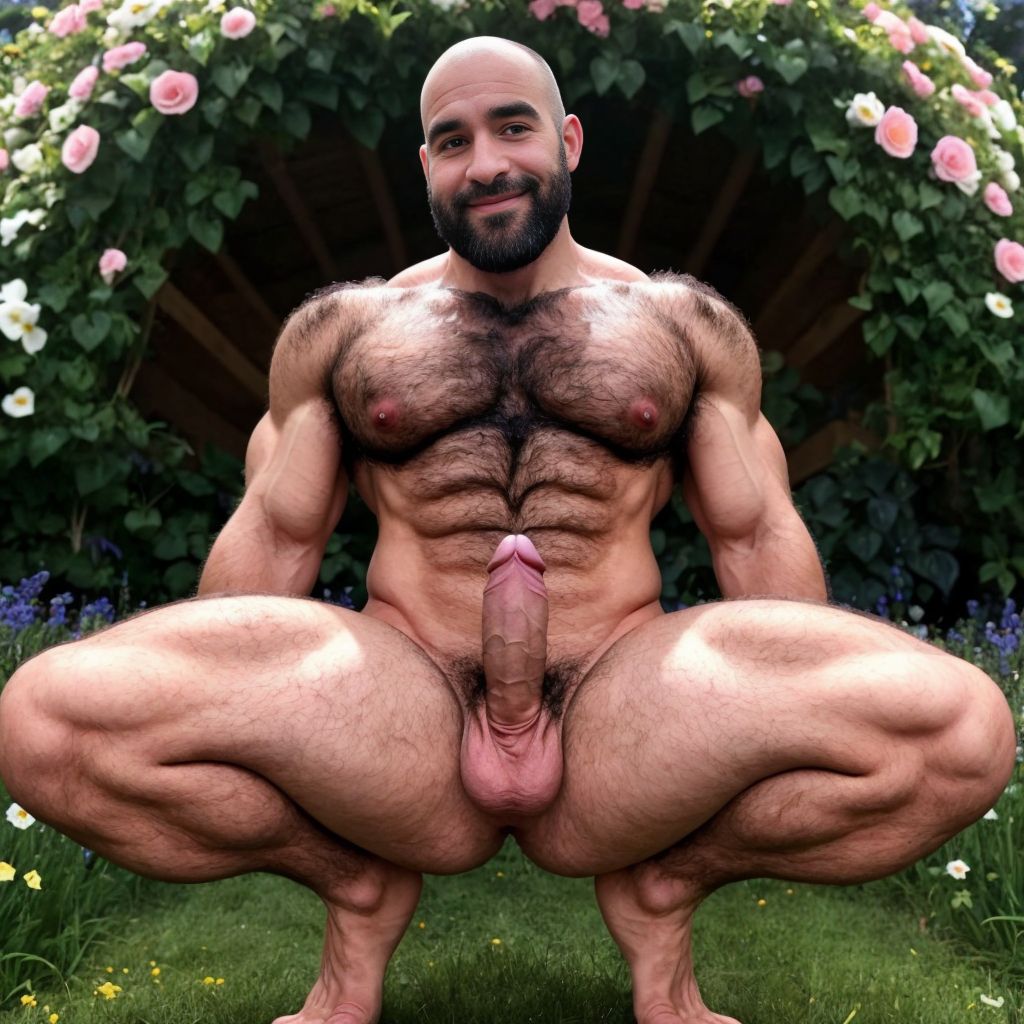 Hombre de 35 años de edad desnudo tiene pene tieso hacia arriba. Tiene dos testículos muy grandes que descuelgan y sobresalen por debajo del pene cubiertos de vello. Hombre desnudo de 35 años de edad con pelo rapado. Está de rodillas de espalda, agachado e inclinado hacia adelante, enseñando su ano bonito. Está en el campo verde y floreado con mucha luz. Tiene músculos definidos bronceados y con mucho vello, su cara es fuerte y viril. Con las manos sube sus rodillas para enseñar el ano abierto bonito y perfecto. Tiene dos testículos hermosos descolgando velludos