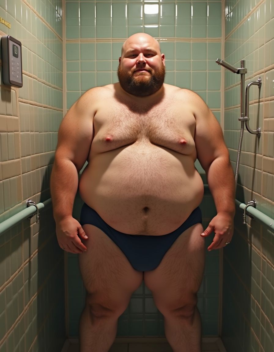 Un hombre corpulento y calvo posa de pie en una ducha estrecha revestida de azulejos verde claro, mirando directamente a la cámara con expresión neutra y segura. Lleva un slip azul oscuro ajustado y deja al descubierto el torso amplio, el pecho con vello, el abdomen prominente, los brazos robustos y las piernas fuertes. El espacio tiene aspecto de baño público o instalación antigua, con barras de apoyo metálicas a ambos lados, una alcachofa de ducha en la pared derecha y un dispensador en la pared izquierda. La iluminación cálida resalta la textura de los azulejos, la piel y el ambiente cerrado de vestuario o zona de ducha.