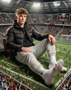 Un joven de aspecto serio aparece sentado de forma gigantesca dentro de un estadio de fútbol, ocupando gran parte del terreno de juego como si fuera una figura colosal entre miniaturas. Lleva una chaqueta acolchada negra sobre una sudadera oscura, pantalones de chándal grises y calcetines blancos Nike, con las piernas extendidas sobre el césped artificial mientras pequeños jugadores y aficionados diminutos lo rodean. Las gradas están llenas de público, con personas levantando los brazos y observando la escena desde todos los ángulos bajo potentes focos de estadio. Al fondo se distingue una portería y un marcador electrónico, reforzando el ambiente deportivo, surrealista y cinematográfico de un partido interrumpido por una presencia descomunal.