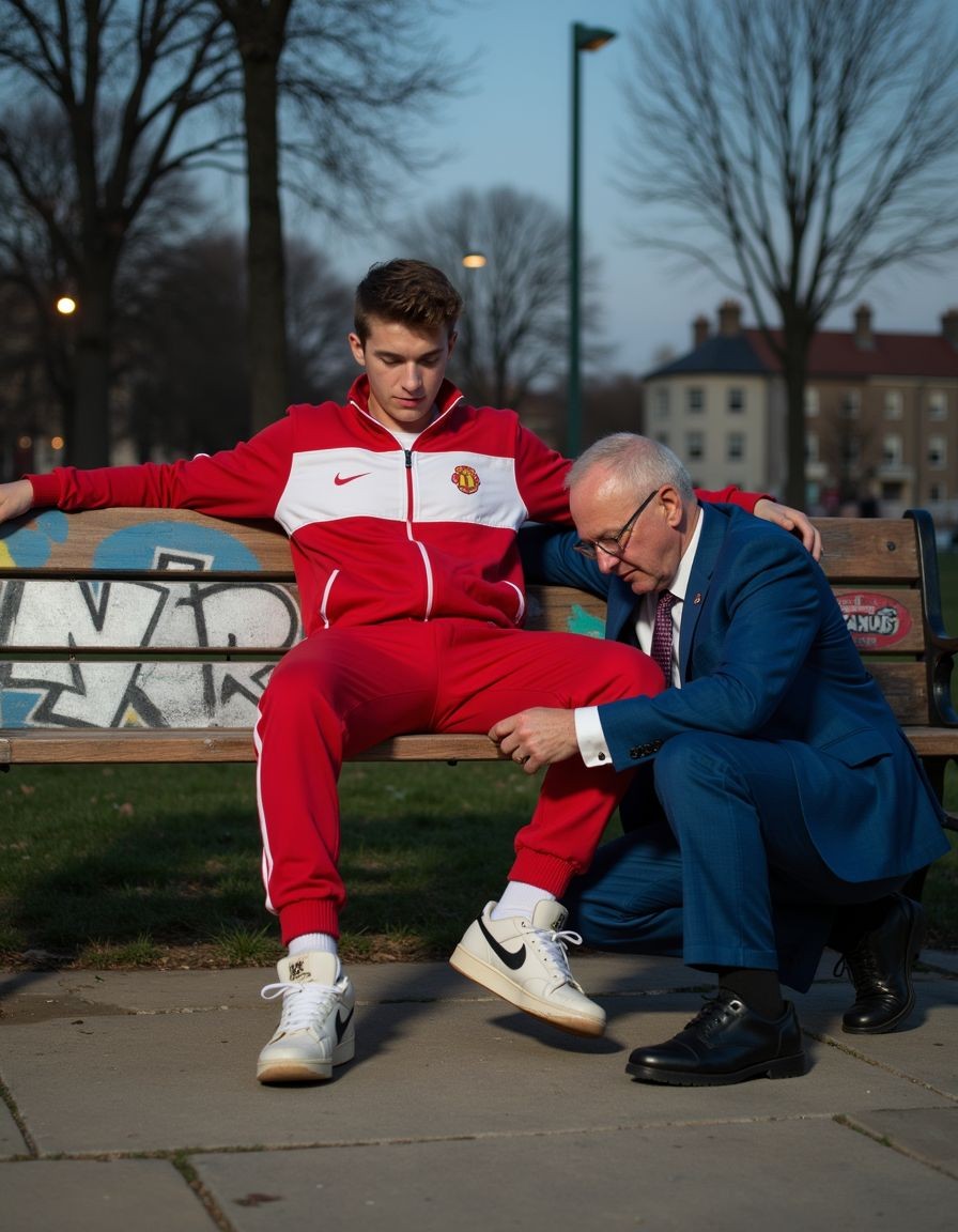 Un joven con chándal rojo y blanco del Manchester United está sentado en un banco de madera con grafitis, con una postura relajada y los brazos extendidos sobre el respaldo, mientras un hombre mayor con traje azul, corbata y gafas se agacha a su lado para ajustar el bajo del pantalón o el cordón de su zapatilla blanca Nike. La escena transcurre en un parque urbano al atardecer, con árboles sin hojas, farolas encendidas, césped y edificios residenciales desenfocados al fondo, creando un ambiente tranquilo, casi íntimo, entre moda deportiva, contraste generacional y cuidado personal en un espacio público.