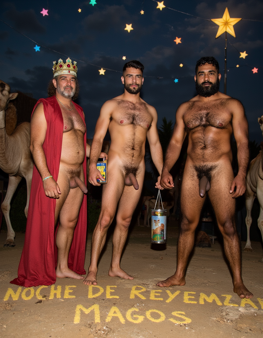 Three naked men pose standing in a nighttime scene inspired by the Night of the Three Wise Men, with a theatrical and festive atmosphere: the one on the left wears a golden crown and an open red cape, the one in the center holds a product container, and the one on the right carries a metal bucket with an illustrated label. Their bodies are completely exposed, with visible penises, body hair, and beards on two of them, while they look directly at the camera with serious expressions. In the background there are camels on both sides, a dark sky decorated with colored stars, and a large glowing star on a pole. On the ground, written in yellow, it reads “Noche de Reyemzlay Magos,” reinforcing the humorous and parodic tone of the composition.