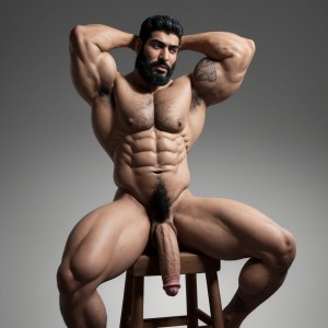 Hombre árabe de 1,9 metros, piel tostada, cabello negro, barba incipiente, expresión de desprecio, vello corporal , tatuado. Sentado en taburete de madera, sixpack visible, pene y testículos visibles, manos detrás de la cabeza, trapecios y deltoides marcados, fondo gris degradado. Músculos desarrollados, hombros prominentes