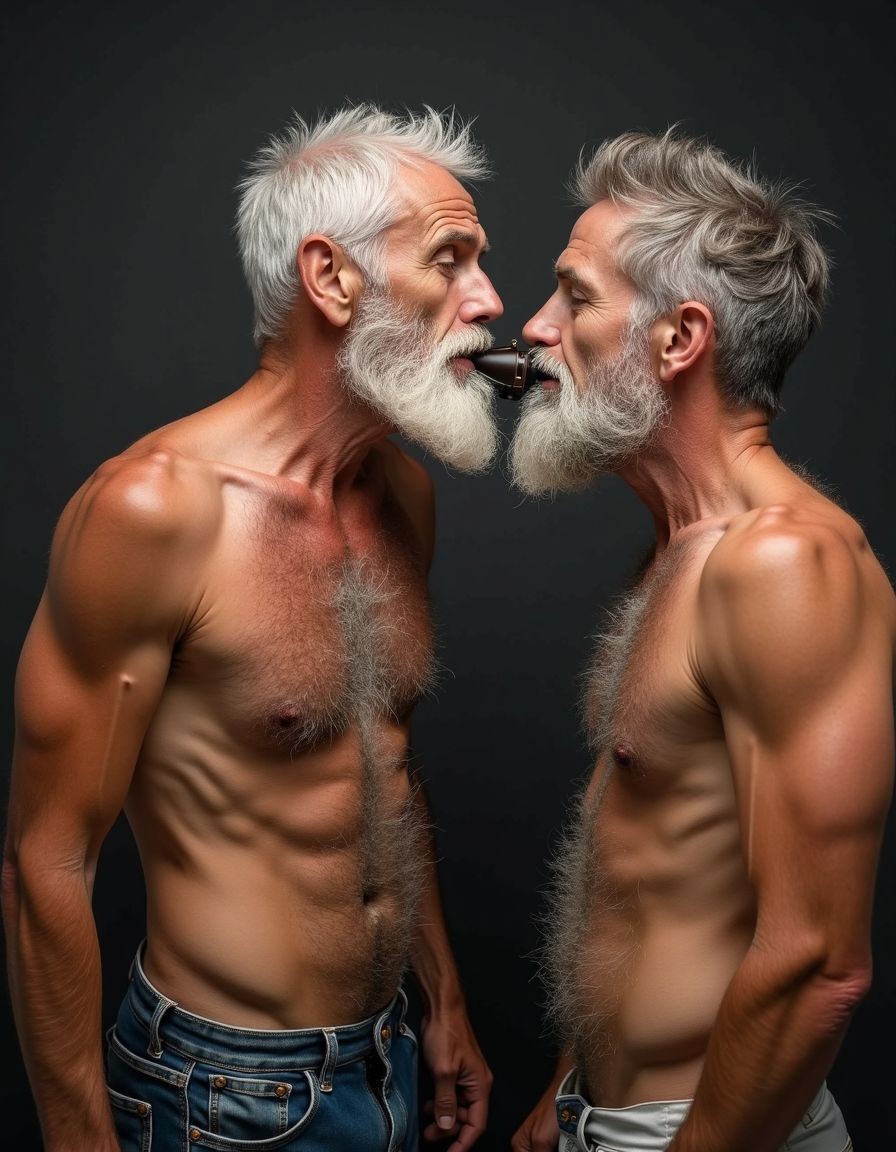 Dos hombres maduros de pelo canoso y barba blanca aparecen sin camiseta frente a frente, muy cerca el uno del otro, con el torso desnudo iluminado sobre un fondo oscuro de estudio. Ambos tienen cuerpos delgados y definidos, con pecho velludo, hombros marcados y vaqueros bajos, creando una escena íntima y llamativa. Sus rostros casi se tocan mientras sostienen entre las bocas un pequeño objeto negro, como si lo mordieran a la vez, generando una composición simétrica, tensa y algo surrealista. La expresión de ambos es seria y concentrada, con las miradas cruzadas, resaltando las arrugas, el pelo gris despeinado, las barbas espesas y la iluminación dramática de retrato.