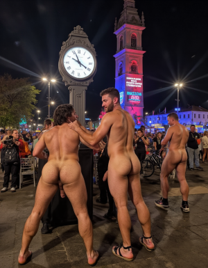 Reloj de Noche Vieja. En la plaza de un pueblo está el reloj del ayuntamiento, ahí están Juan y Pedro, tienen calzado estilizado pero están totalmente desnudos. Pedro está inclinado con el culo abierto hacia el pene de Juan y Juan está de pie.
Juan es un hombre de 50 años de edad, muy atlético y tiene sus músculos muy definidos y está muy peludo, está totalmente desnudo, tiene un pene largo erecto de 35 cm de longitud y 9 cm de diámetro, tiene cabello negro largo y desordenado, tiene barba abundante de color negro, tiene mucho vello pectoral, tiene piernas masculinas con abundante vello, tiene brazos peludos, está sonriendo de felicidad.
Pedro es un hombre de 58 años de edad con músculos marcados sin grasa, está totalmente desnudo en la plaza del pueblo frente al reloj del ayuntamiento, tiene un pene largo de 39 cm de longitud y 9 cm de diámetro, tiene cabello rizado abundante y largo de color rojo, tiene abundante vello pectoral rojo oscuro en abundancia, tiene piernas masculinas con mucho vello, tiene brazos peludos y muy masculinos. Pedro tiene presencia atlética y es muy peludo, mucho pelo por todo su cuerpo.
La luz de colores rojo azul verde y blanco envuelve el ambiente. Hay focos de luz que reflejan rayos de luz blanca con brillos luminosos. La plaza y su alrededor está lleno de adornos navideños y luces de colores. Pedro y Juan enseñan sus desarrollados músculos marcados y bien definidos. En un pared está el texto luminoso: 