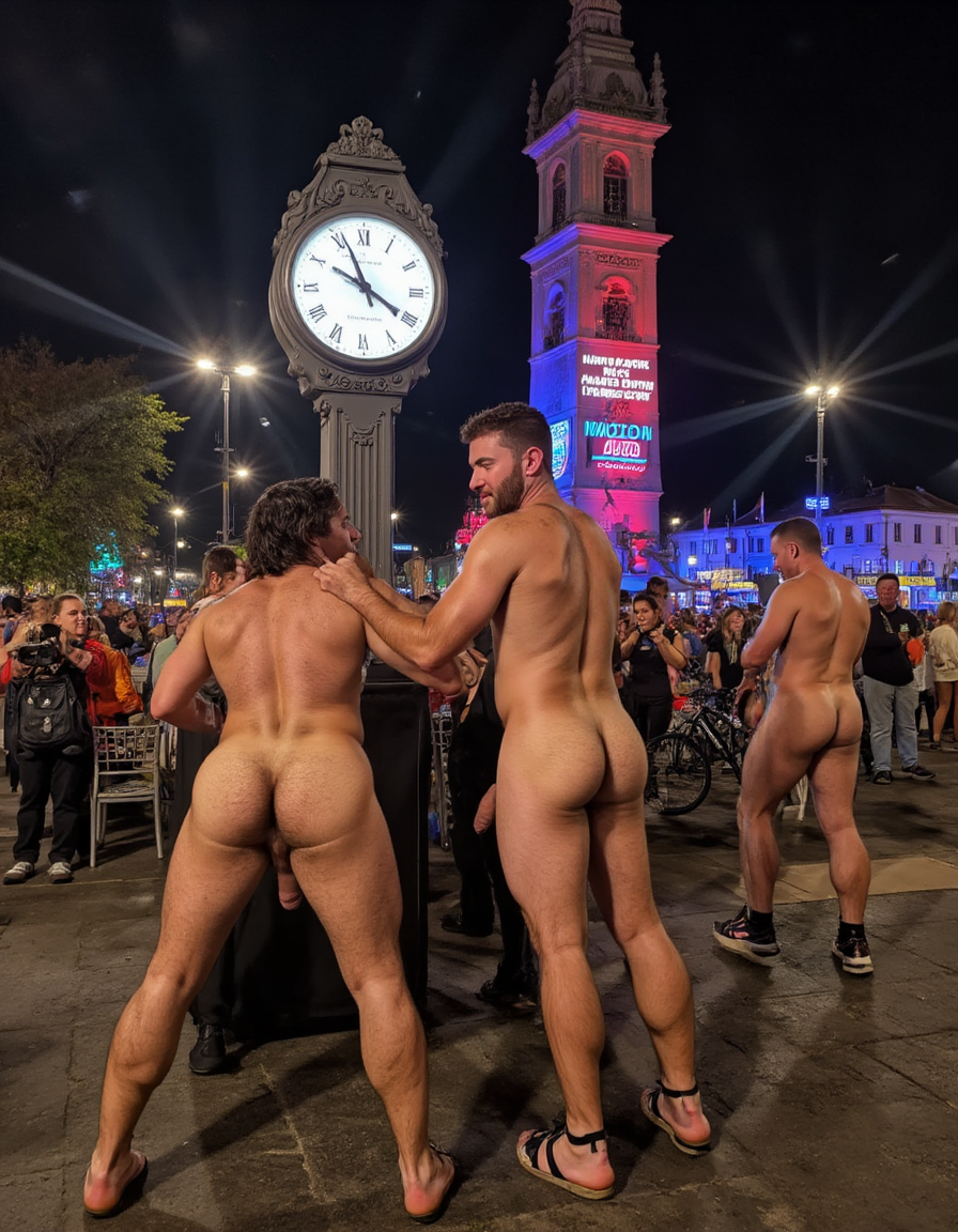 Reloj de Noche Vieja. En la plaza de un pueblo está el reloj del ayuntamiento, ahí están Juan y Pedro, tienen calzado estilizado pero están totalmente desnudos. Pedro está inclinado con el culo abierto hacia el pene de Juan y Juan está de pie.
Juan es un hombre de 50 años de edad, muy atlético y tiene sus músculos muy definidos y está muy peludo, está totalmente desnudo, tiene un pene largo erecto de 35 cm de longitud y 9 cm de diámetro, tiene cabello negro largo y desordenado, tiene barba abundante de color negro, tiene mucho vello pectoral, tiene piernas masculinas con abundante vello, tiene brazos peludos, está sonriendo de felicidad.
Pedro es un hombre de 58 años de edad con músculos marcados sin grasa, está totalmente desnudo en la plaza del pueblo frente al reloj del ayuntamiento, tiene un pene largo de 39 cm de longitud y 9 cm de diámetro, tiene cabello rizado abundante y largo de color rojo, tiene abundante vello pectoral rojo oscuro en abundancia, tiene piernas masculinas con mucho vello, tiene brazos peludos y muy masculinos. Pedro tiene presencia atlética y es muy peludo, mucho pelo por todo su cuerpo.
La luz de colores rojo azul verde y blanco envuelve el ambiente. Hay focos de luz que reflejan rayos de luz blanca con brillos luminosos. La plaza y su alrededor está lleno de adornos navideños y luces de colores. Pedro y Juan enseñan sus desarrollados músculos marcados y bien definidos. En un pared está el texto luminoso: 