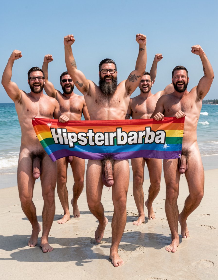 Photorealistic cinematic scene of a gay pride demonstration marching along the shoreline of El Playazo nudist beach, Vera Playa, Almería. Bright midday Mediterranean sun, gentle waves lapping at the wet sand, chiringuito El Pirata visible in the distance. Hipsterbarba, 40 year old Spanish muscle bear, 180cm 80kg 8% body fat, completely dry shredded six-pack with deep cuts and visible linea alba, dense dark chest hair, treasure trail to thick black pubes, zero belly, rounded developed pecs with small dark hard nipples, broad shoulders, highly vascular muscular arms with small black tattoo 