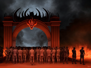 varios hombres desnudos hacen fila a la puerta del infierno, están totalmetne desnudos, claramente asustados, detrás de un gran arco del fuego los espera el diablo