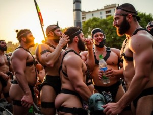 (((Varios hombres muy musculosos e hipermasculinos hipersexualizados musclebear leather con arneses y gorras de cuero, velludos, con los penes erectos))), están subidos en una carroza decorada a modo de tela militar, se tocan en posturas obscenas,  ríen y charlan bajo el intenso calor del verano madrileños con abanicos y botellas de agua. Luz de atardecer. Escena festiva. 