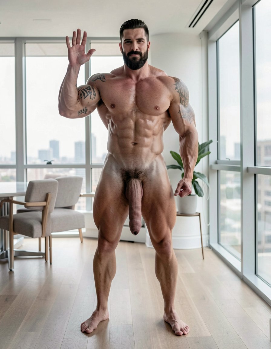 Photorealistic portrait full body shot indoor modern minimalist apartment background white walls large windows daylight natural lighting, extremely handsome masculine dominant man late 30s early 40s rugged alpha male appearance standing center frame confident powerful stance legs apart facing camera direct eye contact intimidating authoritative gaze, extremely muscular athletic professional bodybuilder physique massive shoulders wide back extreme V-taper narrow waist thick powerful legs eight-pack abs visible completely naked fully nude entire body visible head to feet, short dark hair perfectly styled masculine haircut thick dark stubble beard covering strong angular jaw chiseled masculine facial features piercing intense dark eyes looking directly at camera dominant expression slight arrogant smirk confident attitude, completely naked totally nude muscular body fully exposed massive defined pecs abs obliques Adonis belt visible muscular arms biceps triceps forearms thick muscular thighs quads hamstrings calves feet visible standing barefoot hardwood floor, huge thick long erect cock massive erection pointing upward enormous penis fully erect large thick shaft prominent glans meatus visible heavy hanging balls testicles visible between thick muscular thighs, small black ink tattoo right upper arm bicep brachial region curved text following anatomical muscle contour letters reading 