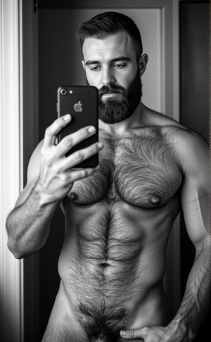 (((Blanco y negro))). Fotografía clásica de un hombre de 45 años haciéndose un selfie ante un espejo, con la mirada fija en el móvil, tiene los rasgos muy perfilados, ojos grandes, barba larga, y bastante vello corporal, cabello moreno, manos grandes y perfectas, se muestra el vello púbico y el pene fláccido. Marca un cuerpo definido. Al fondo muestra la entrada a su casa. 