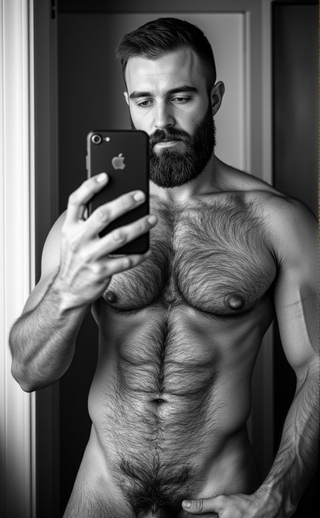 (((Blanco y negro))). Fotografía clásica de un hombre de 45 años haciéndose un selfie ante un espejo, con la mirada fija en el móvil, tiene los rasgos muy perfilados, ojos grandes, barba larga, y bastante vello corporal, cabello moreno, manos grandes y perfectas, se muestra el vello púbico y el pene fláccido. Marca un cuerpo definido. Al fondo muestra la entrada a su casa. 