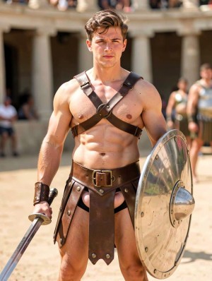 Un hombre musculoso posa de frente en una arena de estilo romano, vestido como gladiador con un arnés de cuero marrón cruzado sobre el torso desnudo, brazaletes y un cinturón ancho del que cuelgan tiras de cuero que cubren parcialmente la pelvis sobre una prenda negra ajustada. Sostiene una espada larga en una mano y un escudo redondo metálico en la otra, con remaches y un umbo central brillante. Su expresión seria, el pelo peinado hacia un lado y la postura firme refuerzan la estética de guerrero antiguo, mientras al fondo desenfocado aparecen columnas, gradas y otras personas con vestuario similar bajo la luz intensa del sol.