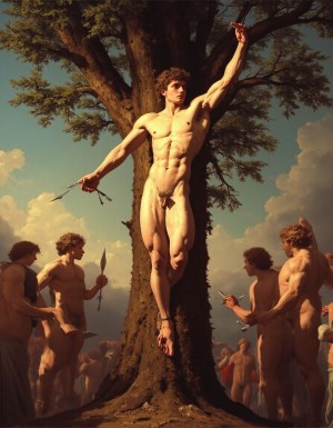 Pintura al óleo basado en el martirio de San Sebastian de Guido Reni. El modelo está atado a un arbol, desnudo, exhibiendo un cuerpo extremadamente musculoso y es ajusticiado mediante flechas lanzadas por arqueros  que se hallan a ambos lados. 
